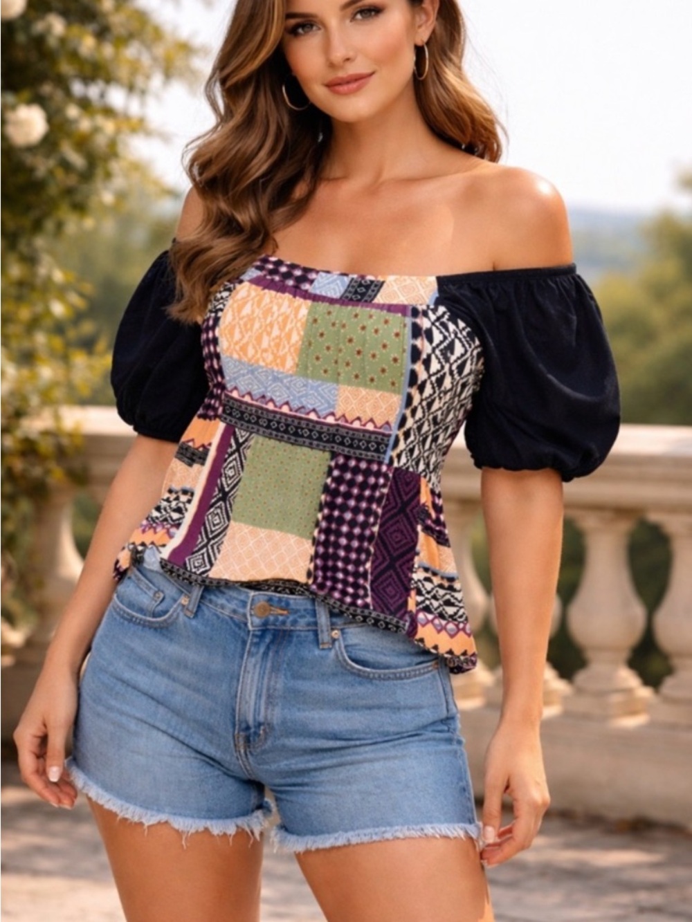 anthropologie maeve black-sleeve patchwork top
